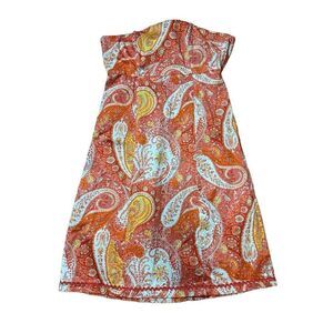 Clues Collection Strapless Tie Back Paisley Orange Dress Tropical Vacation‎ Sz L